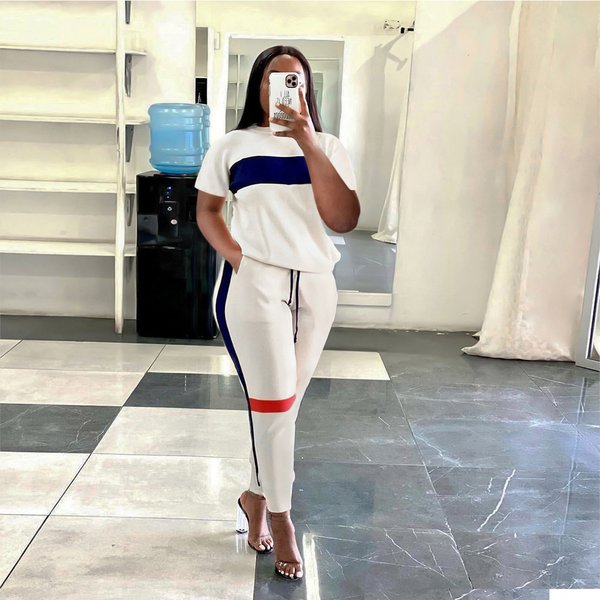 Women's Sports Casual Color Matching Striped Long-Sleeved Hoodie Slim Pants Two-Piece Set-image