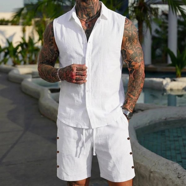 Men's Sleeveless Polo Shirt & Shorts Set – Breathable Cotton-Blend Summer Outfit (White/Black/Sky Blue/Pink/Khaki, S-Xxxl) – Casual Athleisure Wear-image