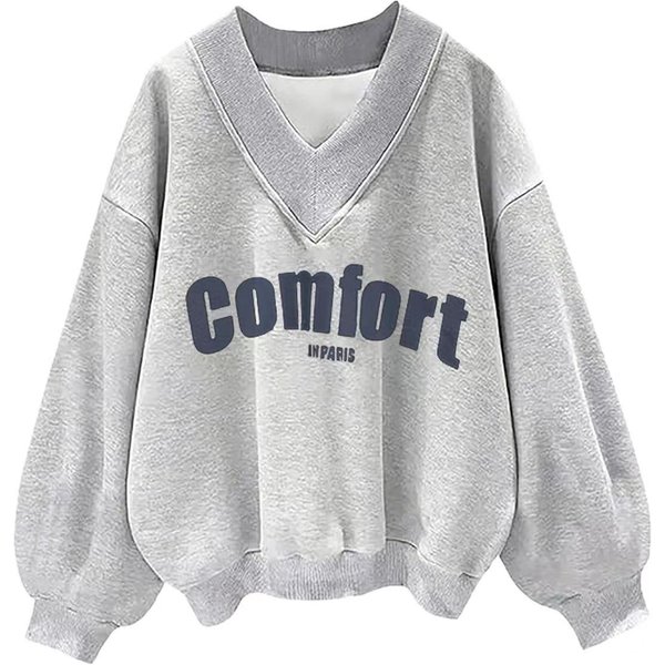 Women's Fashion V-Neck Casual Sweatshirt - Loose Fit Long Sleeve Pullover With Letter Print, Comfortable Polyester Blend, Multiple Colors-image