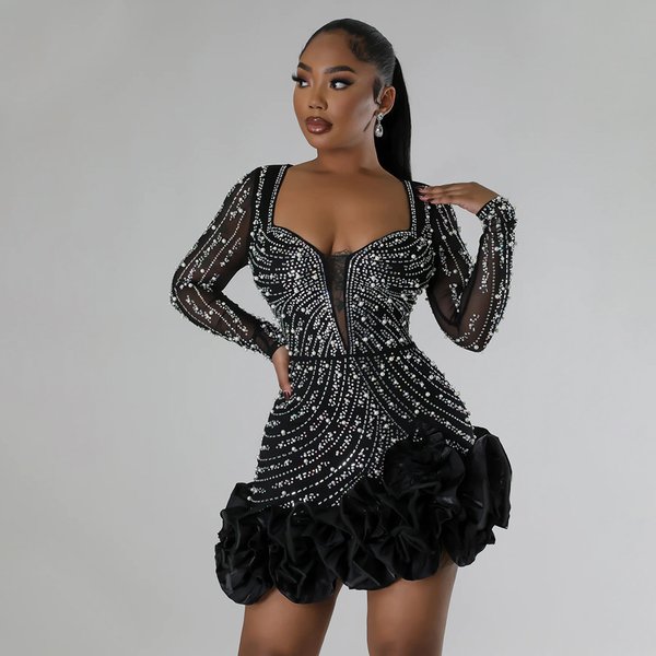 Women's Clothing Fashion Heavy Duty Hot Diamond Beading Ruffle Stitching Sexy Tight Hip Dress-image