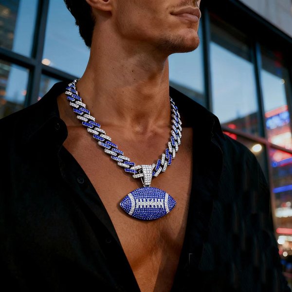 Men's Hip Hop Cuban Link Chain With Football Pendant - Gold/Silver Plated Zinc Alloy Necklace With Colorful Cz Stones For Streetwear Fashion-image