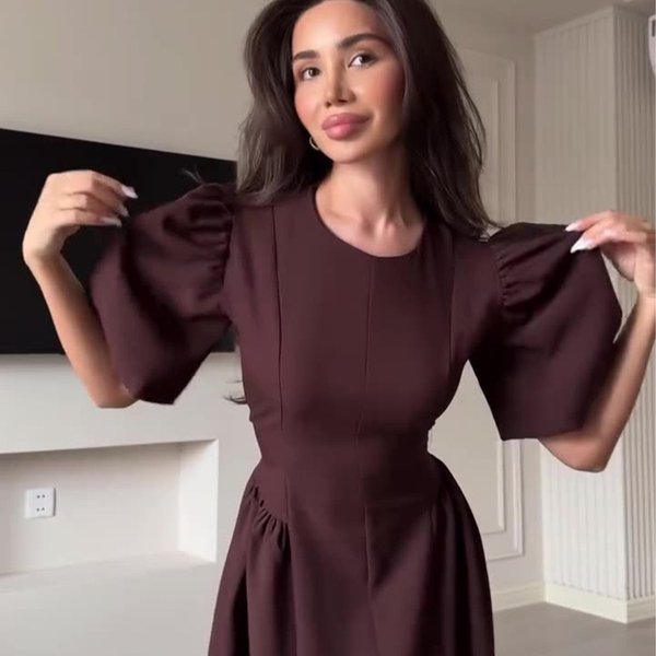 Women's Clothing Spring New Elegant Women's Dress Round Neck Short Sleeve Big Swing Dress-image