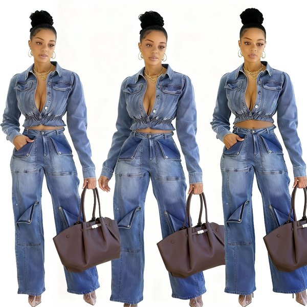 Women's Clothing Sexy Stretch Multi Pocket Washed Denim Casual Distressed Denim Two-Piece Set – Edgy High-Manganese Washed Jacket & Pants (5 Sizes)-image