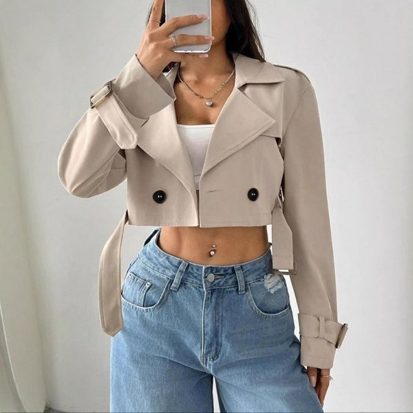 Women's Clothing Spring New Style With Belt Lapel Short Casual Windbreaker Jacket Elegant Style Women-image
