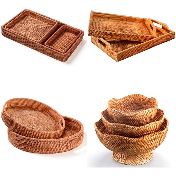 Rattan Tray Set (3-Piece) - Multi-Purpose Fruit & Snack Serving Tray For Tea Cups Candy Nuts - Handwoven Storage Organizer