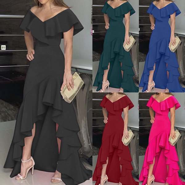 Women's Clothing Fashion Temperament V Neck Ruffled Irregular Elegant Dress