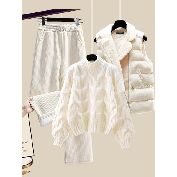Winter Warm Three Piece Set Women Outfits Office Ladies Thicken Knitted Sweater+Lamb Wool Vest+Pants Sets For Women-image