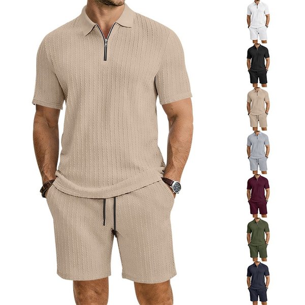 Men's Summer Polo Shirt And Shorts Set Short Sleeved Knitted Casual Collared Jacquard Textured-image