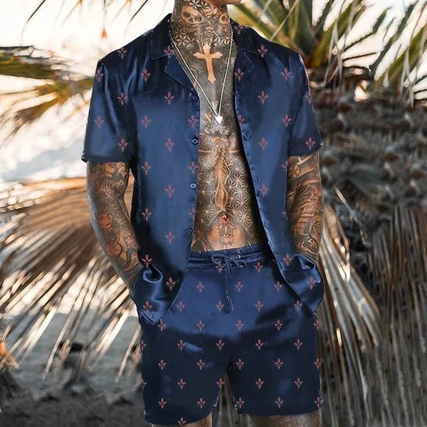 Men's Clothing Source Factory Summer Wear 3D Digital Printing Quality Men's Short-Sleeved Loose Shirt Suit Beach Vacation Style-image