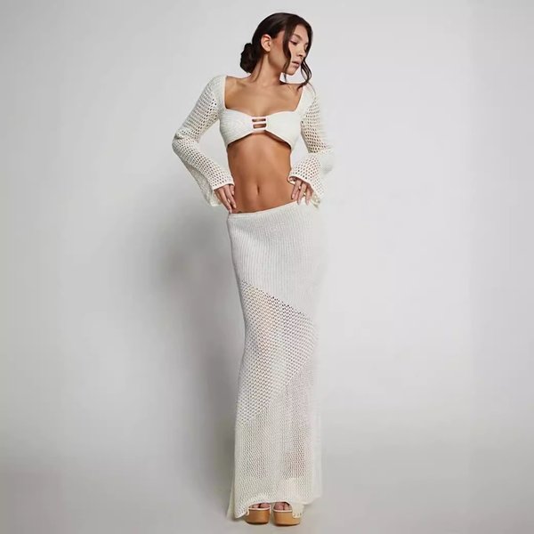 European And American Cross Border 2024 Summer Women's New Style Lace Long Sleeved Hip Wrapped Casual Knitted Long Skirt Suit-image