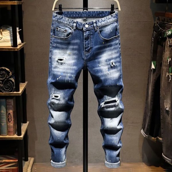 Men's Stretch Ripped Skinny Jeans Slim Fit Comfort Denim Pants With Distressed Details For Casual Wear-image