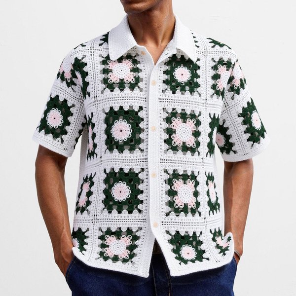 Men's Clothing Retro Crochet Sweater Casual Versatile Hollow Short Sleeved Knitted Shirt-image