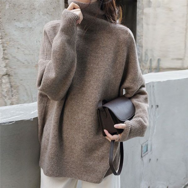 Women's High Neck Sweater Soft Cashmere Blend Knit Pullover Oversized Casual Turtleneck Top In 9 Colors (White, Black, Wine Red, Mocha, Etc.)-image