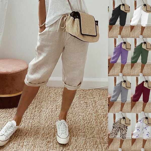 Women's Cotton And Linen Pocket Elastic Casual Pants Women's Pants Quarter Pants-image