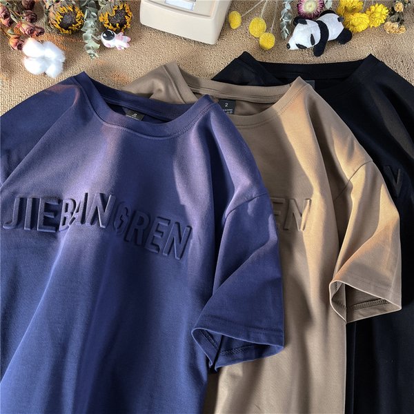 Man's Clothing Heavy Round Neck Short Sleeve T-Shirt Men's Fashion Brand Embossed Letter Three-Dimensional Design Sense Half Sleeve Men's Base Top-image