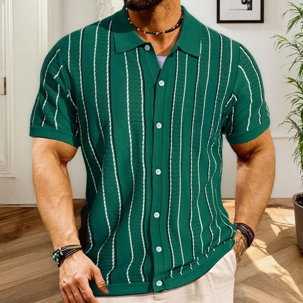 Men's Clothing Summer New Short Sleeved Striped Sweater Fashion Cardigan Knitted Polo Shirt