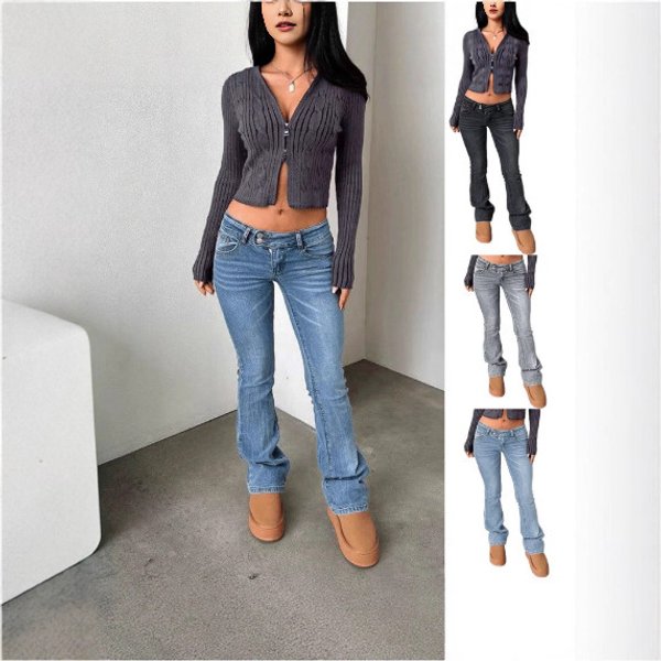 Low-Rise Flared Jeans For Women – Vintage Washed Stretch Denim Pants (Slim Fit, Bootcut, 4 Colors, XS-L, Y2K Streetwear Style)
