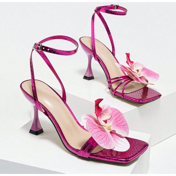 Women's Square Head Three-Dimensional Flower Cross Ankle Strap Stiletto Sandals Gorgeous Fashion Pink High Heels-image