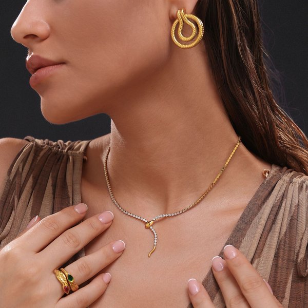 Women's Jewelry Gold Plated Titanium Steel Light Luxury Fashionable Unique Snake Shaped Zircon Clavicle Chain Set-image
