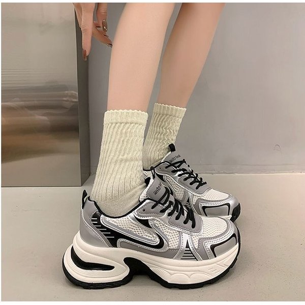 Women's Shoes Silver Thick Soled Daddy Girl Summer Breathable Height Enhancing All Match Casual Sports Shoes