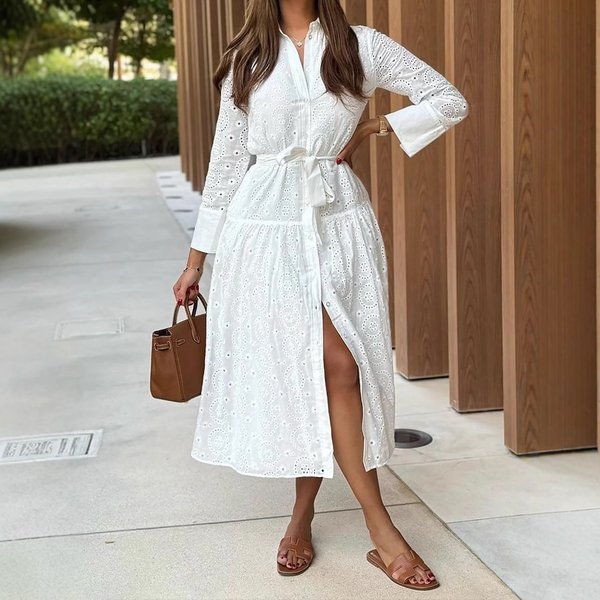 Women's Clothing Elegant Hollow Tie Belt Lapel Cardigan Office Evening Party Dress