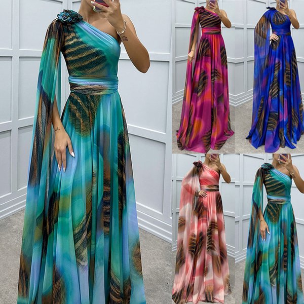 Women's Clothing Chiffon Printed Off Shoulder Dress Casual Loose Party Dress-image