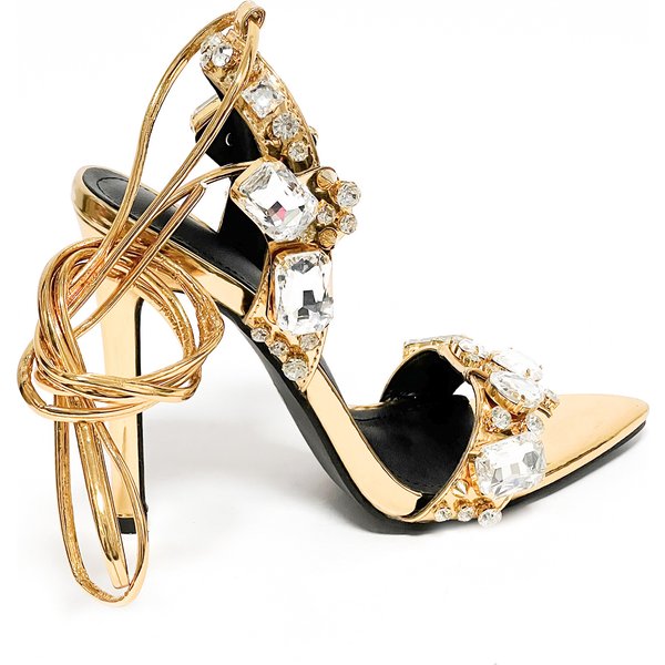 Women's Shoes 11Cm New Pointed Gold Foreign Trade Rivet Rhinestone Stiletto Heels Summer Sandals Fashion Large Size Shoes-image