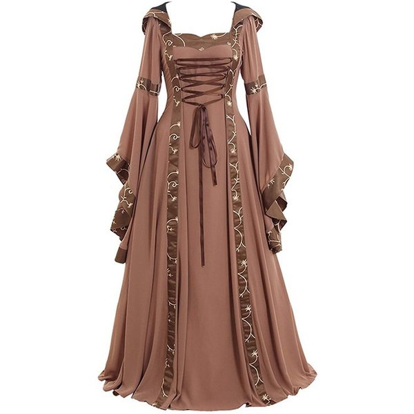 Women's Clothing Medieval Retro Hooded Square Collar Solid Color Thin Lace Trumpet Sleeves Big Swing Dress-image