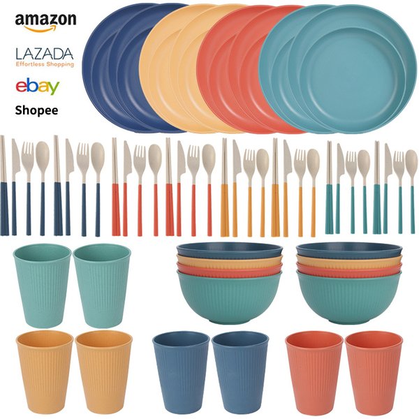 32-Piece Wheat Straw Tableware Set – Eco-Friendly Bowls, Plates, Cups & Cutlery | Microwave-Safe, BPA-Free, Ideal For Gifting