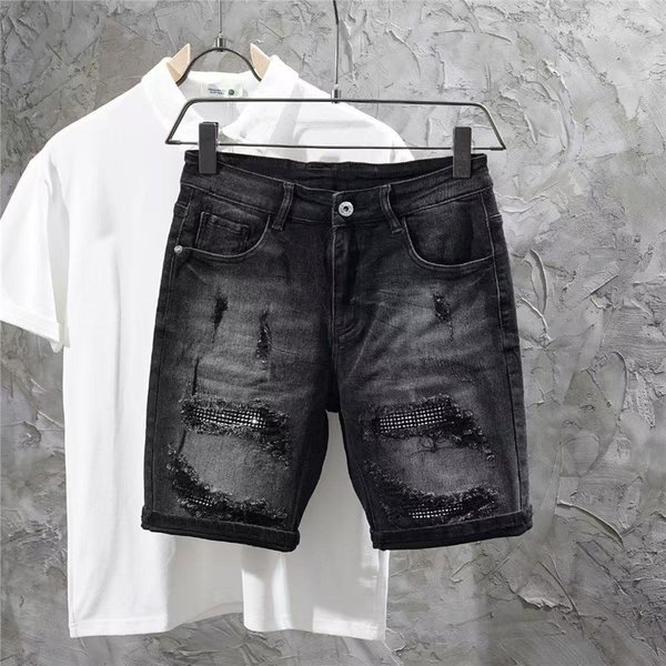 Men's Clothing Slim Fit Denim Shorts Trendy Rhinestone Rips Straight Leg Stretchy Korean Style Cool And Edgy