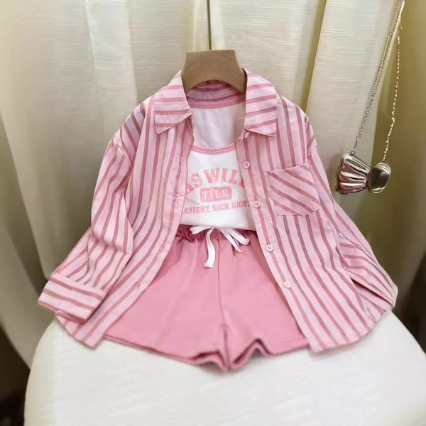 Kid's Clothing 2024 Early Autumn New Girls' Casual Striped Sunscreen Shirt Stylish Vest Shorts Three Piece Set-image