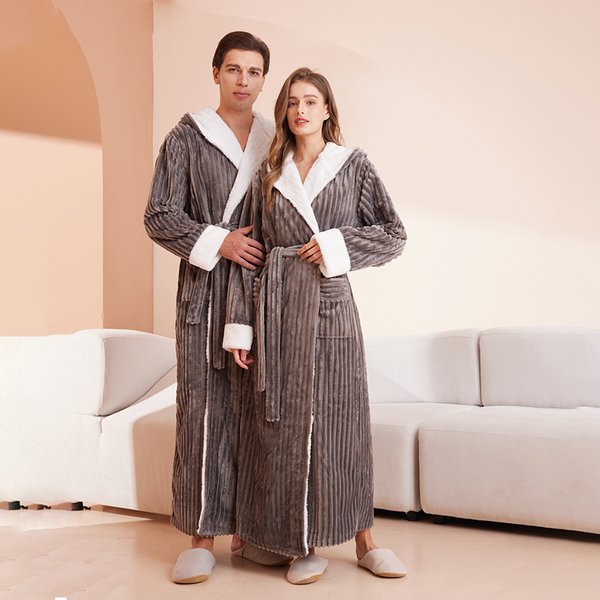 Men's Clothing Extra Long Plus Size Cut Velvet Hooded Striped Couple Nightgown Men And Women Plus Size Flannel Bathrobe Autumn And Winter-image