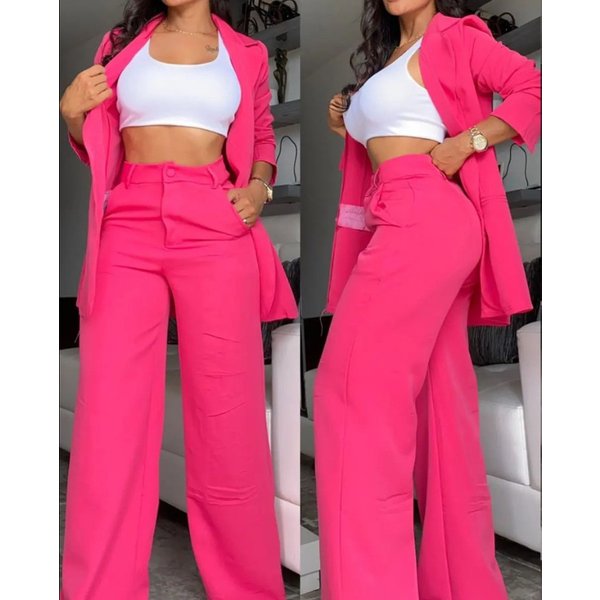 Women's Elegant Commuter Suit Set In Solid Color With Split Sleeves, Pockets, And Straight-Leg Trousers With A Lapel.-image