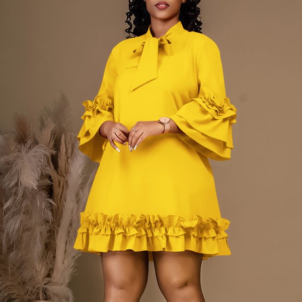 Women's Clothing solid color temperament pile sleeves tie ruffle dress