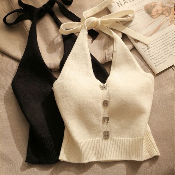 Women's Clothing Halter Neck Suspender Top For Women In Summer Inner Wear Or Outer Wear Beautiful Back Slim Fit Off Shoulder Short Knitted Vest-image
