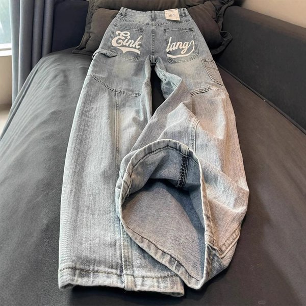 Men’s Clothing Large Size Washed Letter Print Straight Jeans New Style Niche Loose Design Drape Casual Trousers