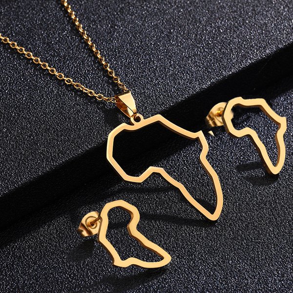 Fashion Stainless Steel Women's Africa Map Pendant Necklace Titanium Steel Africa Map Pendant Earrings Two-Piece Set-image