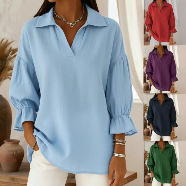 Women's Clothing Solid Color Casual Loose Fit Fashionable Lapel Vintage-Inspired Relaxed V-Neck Top – Long Sleeve Casual Blouse (6 Colors, S-XXXL)