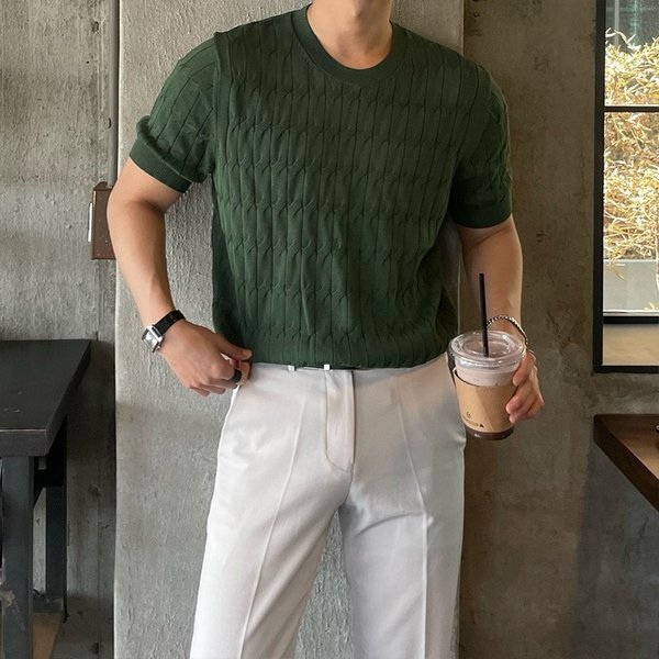 Men's Clothing Short Sleeved T Shirt Ice Silk Sweater Loose Round Neck Retro Casual Twisted Half Sleeved T Shirt Top