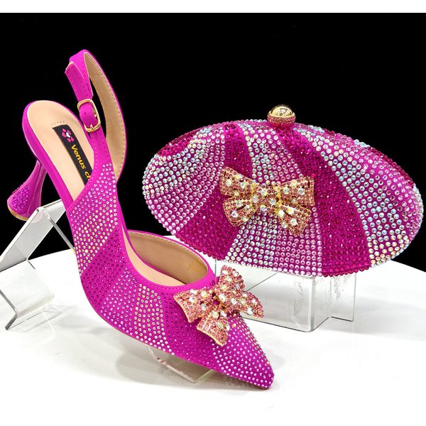 Elegant Pointed-Toe Rhinestone Sandals With Bow & Round Handbag Set – Women’s Fashion Show Heels & Clutch For Parties & Special Occasions