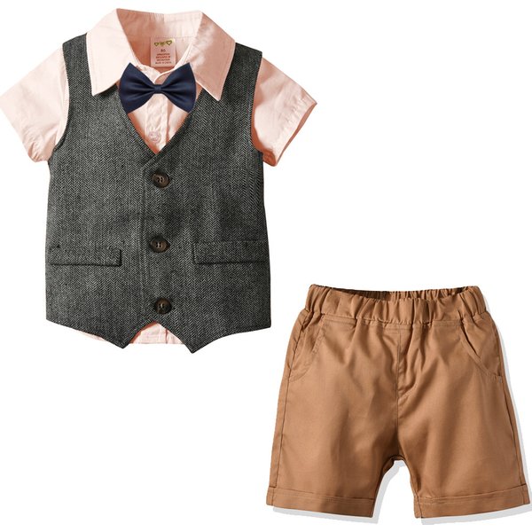 Kid's Clothing 2024 Boys Spring And Autumn Gentleman Suit Children's Vest Short-Sleeved Shirt Pants Four-Piece Baby Cotton Dress-image