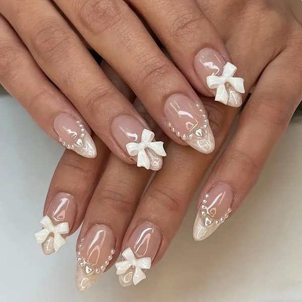 European And American Sweet Cool Wearable Nails Bow Pearl Nail Art Almond Short False Nails Finished Product-image