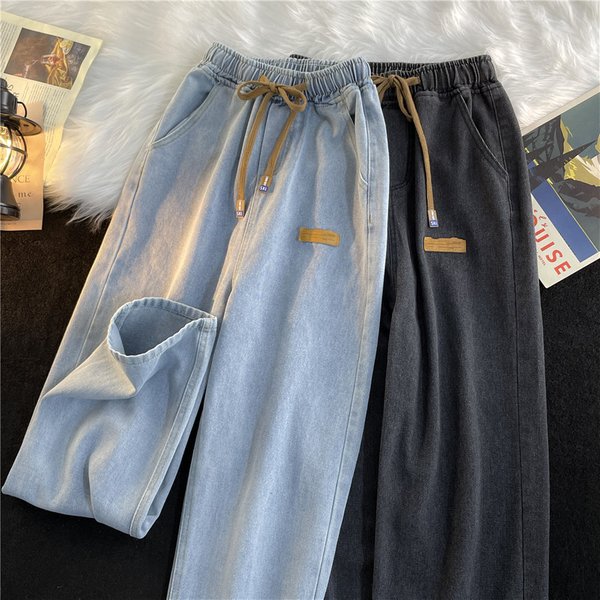 Men's Clothing Light Colored Elastic Waist Jeans, Spring Trendy Brand, Loose Straight Leg, Retro High Street, Washed, Versatile, Casual Long Trousers