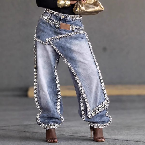 Women's High Waisted Straight Leg Jeans Heavy Duty Patchwork Hand Studded Rhinestone Design Casual Cotton Pants for Autumn
