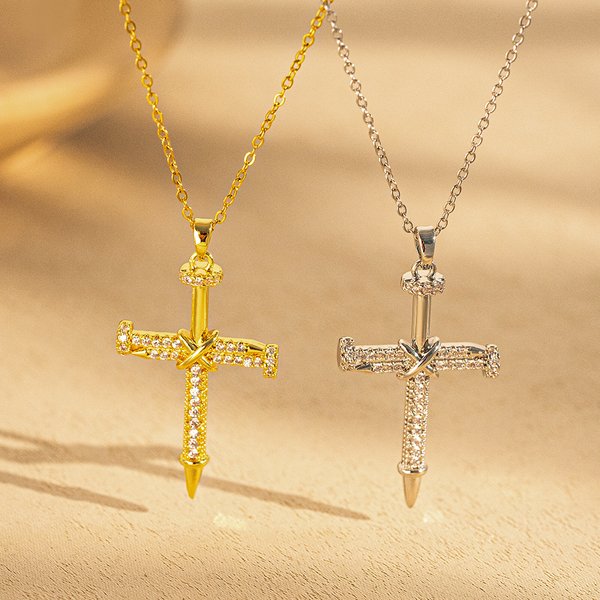 Hip Hop Cross Necklace Micro Set Zircon Gold Personalized Collar Chain Commuting Nail Pendant-image