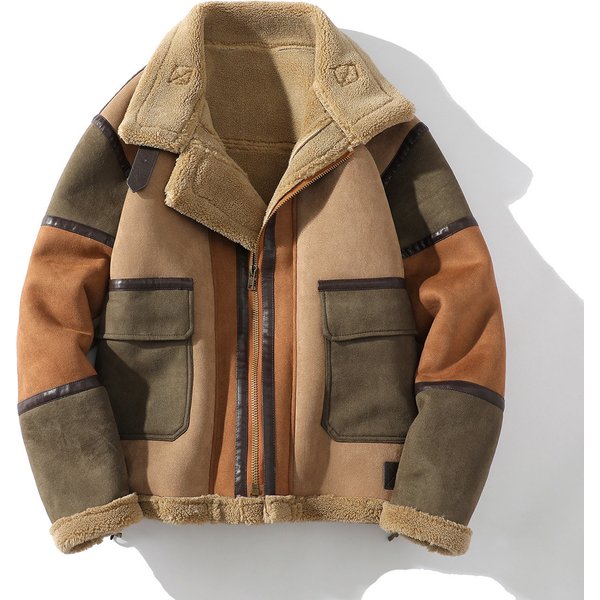 Men's Clothing Men's Large Size Lapel Fur And Velvet Thickened Warm Stitching Color Matching Jacket-image