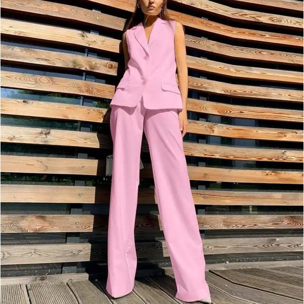 Women's Clothing Fashion Suit Lapel Vest Vest Wide Leg Trousers Casual Suit-image