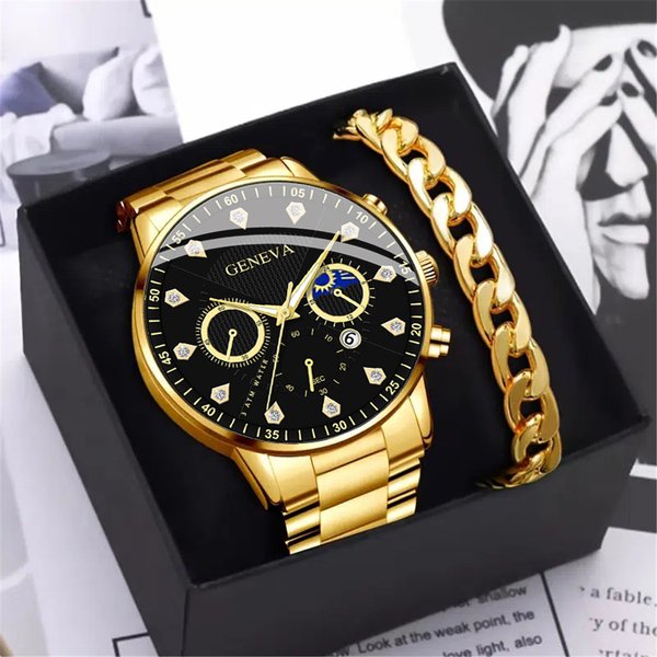 Jewelry Sets Geneva Simple Sun, Moon And Stars Diamond Studded Men's Steel Watch Fake Three Eye Calendar Quartz Watch Men's-image