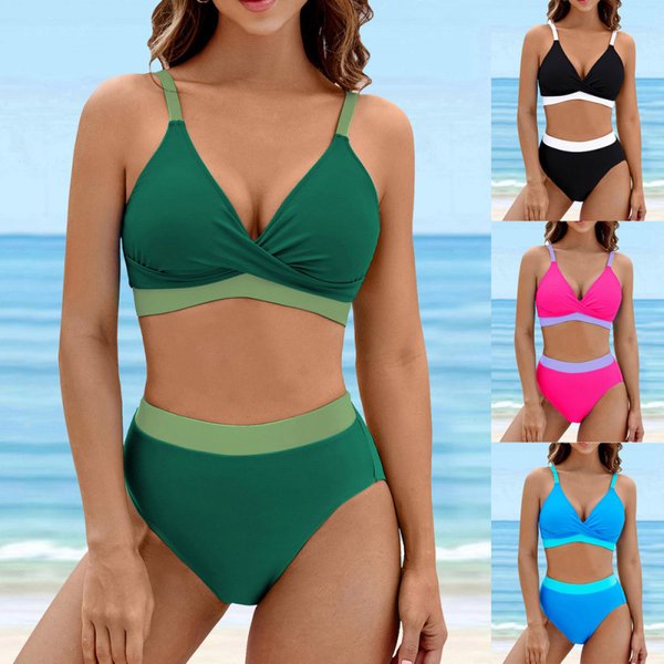 Women's Clothing Split High Waist Sports Swimsuit Contrast Color Cross Gathered Swimsuit-image