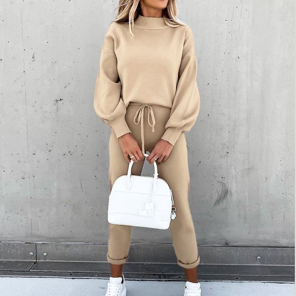 Women's High-Neck Sweatshirt & Pants Set – Solid Color Loungewear (S-XXL, White/Pink/Purple/Gray/Black/Brown/Khaki/Navy)-image